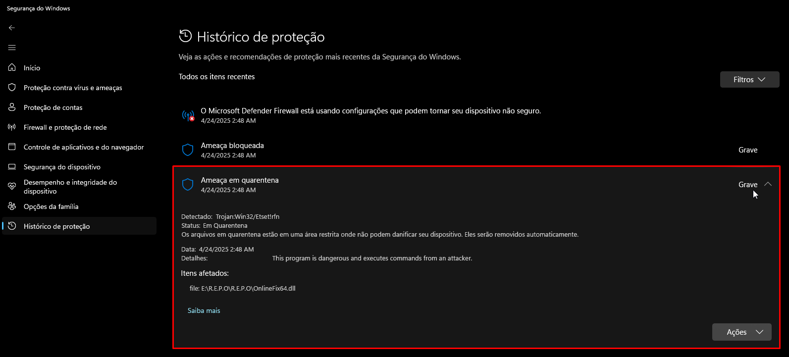 Ameaça em quarentena selecionada