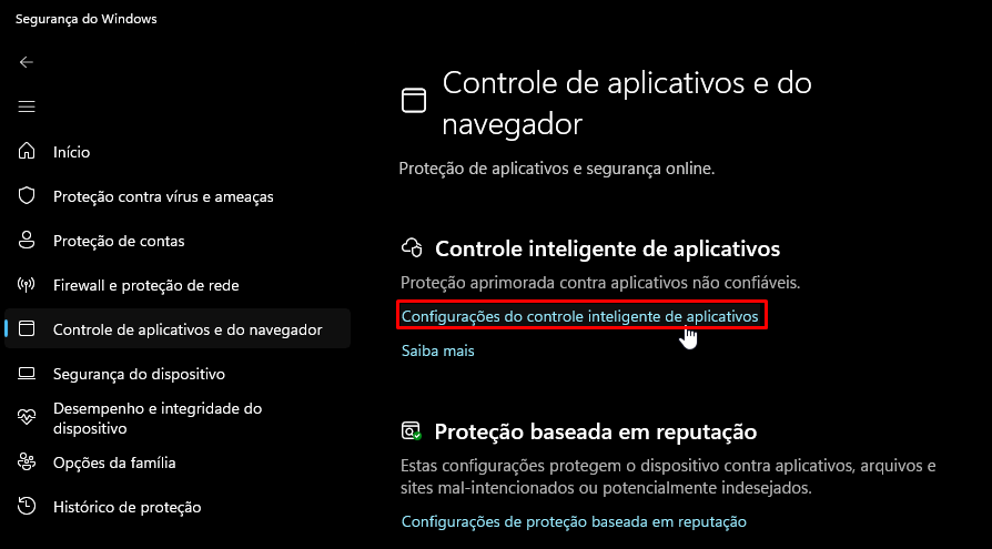 Configurações do controle inteligente de aplicativos