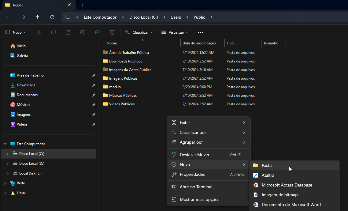 Criar pasta Documents