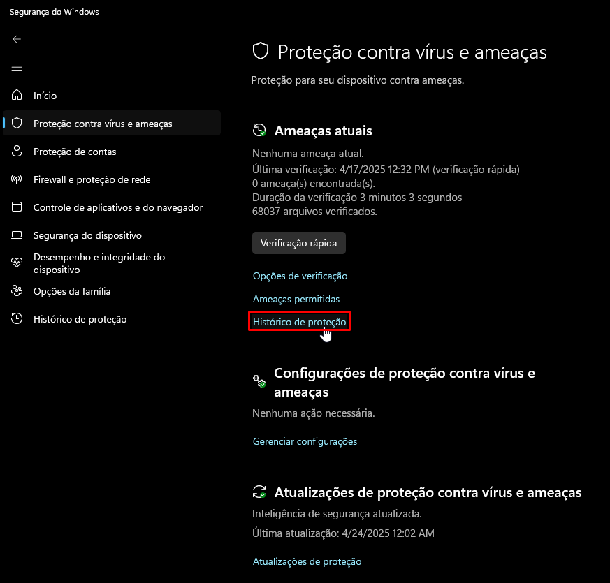 Histórico de proteção