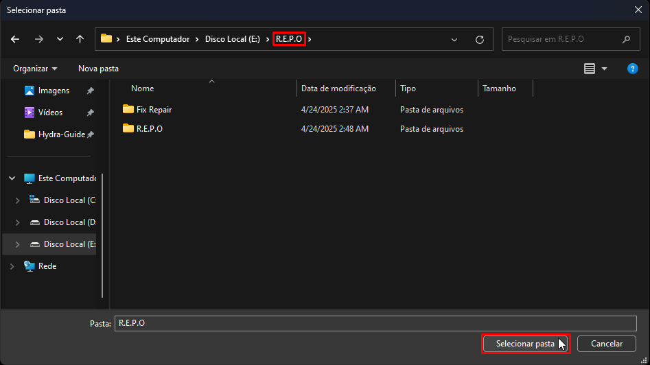 Pasta para exclusão