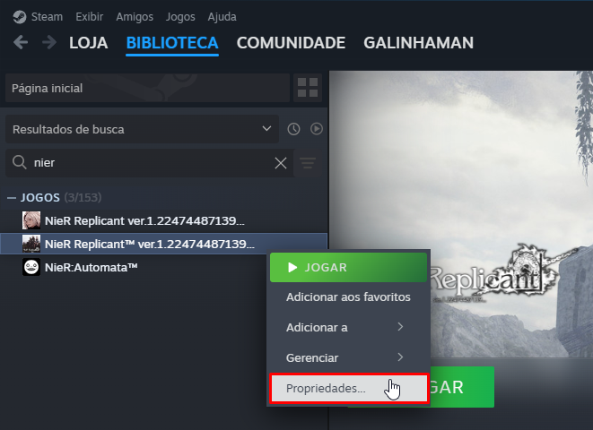 Propriedades jogo não Steam