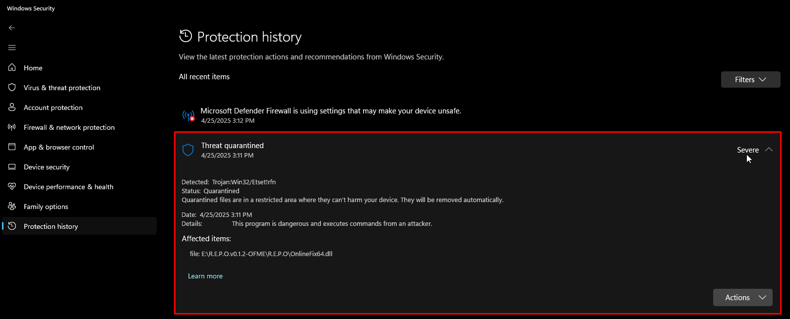 Selected quarantined threat