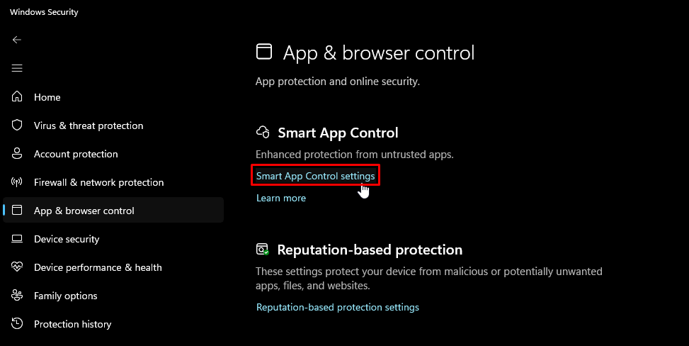 Smart App Control settings